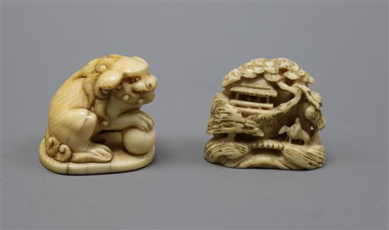 A Japanese ivory netsuke of a shi shi, signed Gyokuyosai and an ivory netsuke of a figure in a house